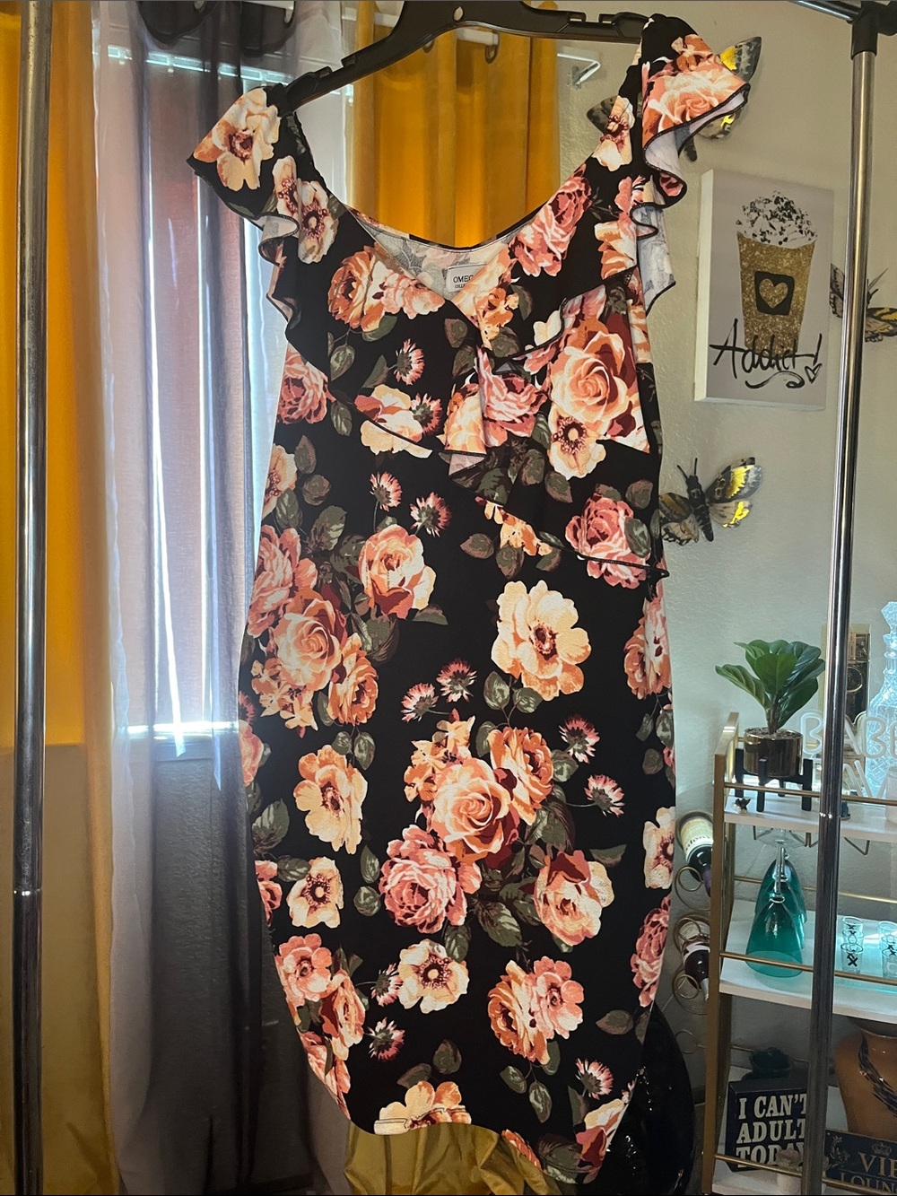 Off shoulder Black Midi Dress with Peach and Cream Floral Print